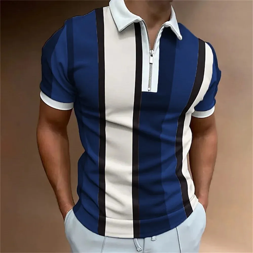 Men's Solid Striped Polo Shirt-Short Sleeve Casual Top-Zipper Collar Polo