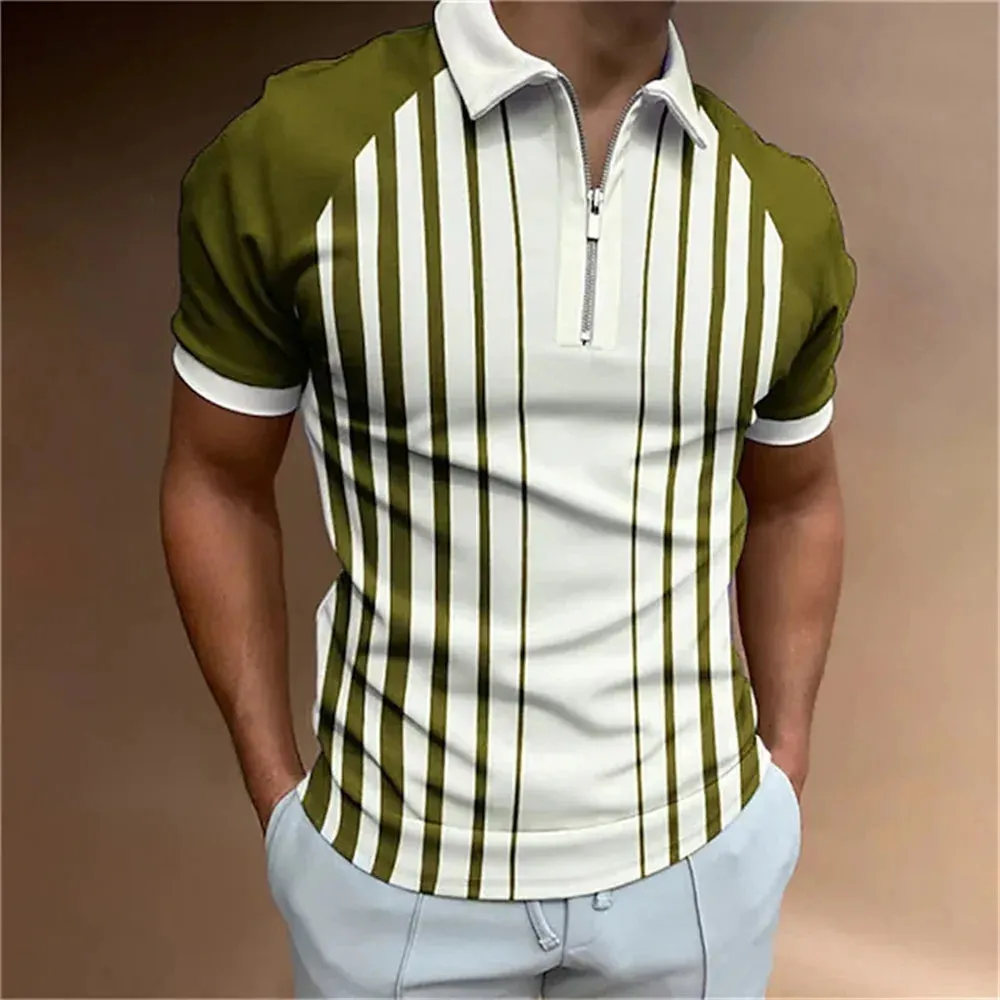 Men's Solid Striped Polo Shirt-Short Sleeve Casual Top-Zipper Collar Polo