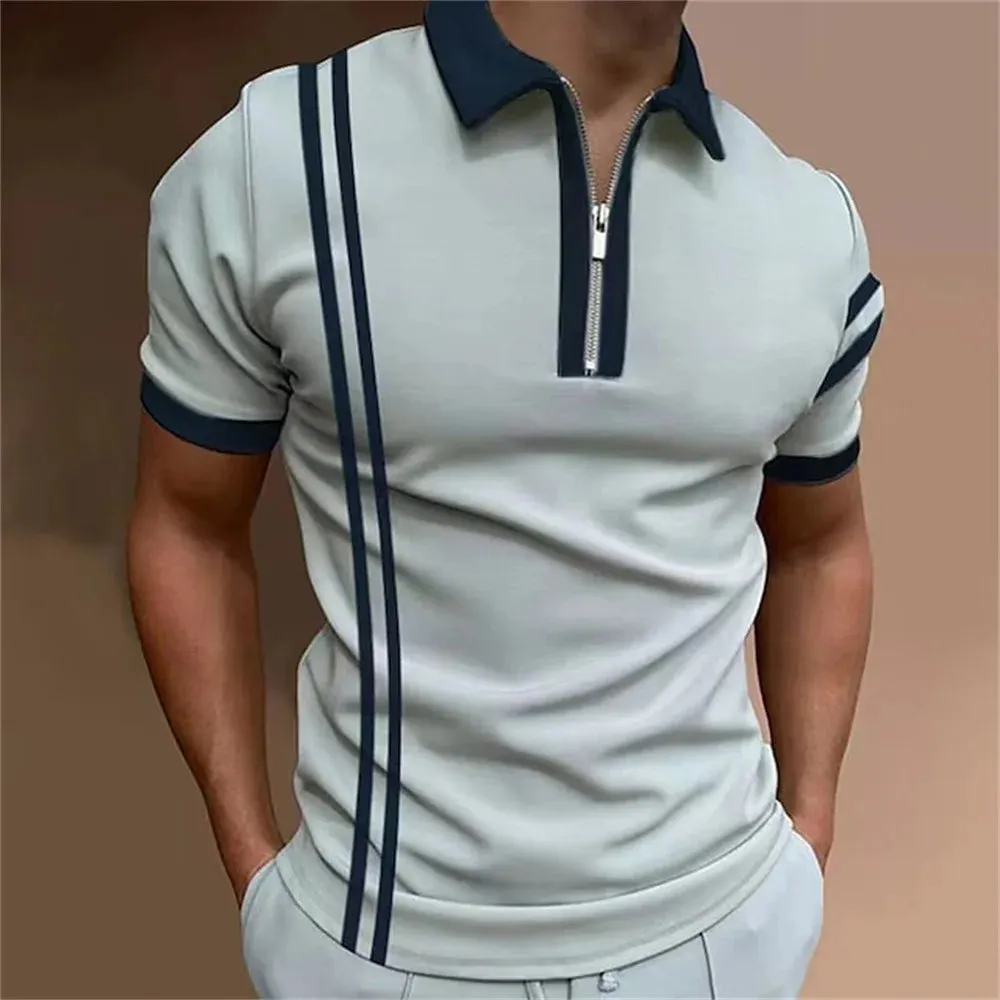 Men's Solid Striped Polo Shirt-Short Sleeve Casual Top-Zipper Collar Polo