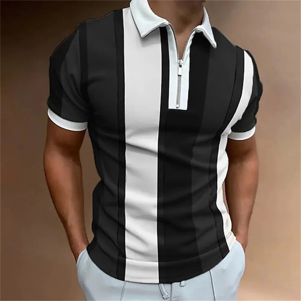 Men's Solid Striped Polo Shirt-Short Sleeve Casual Top-Zipper Collar Polo