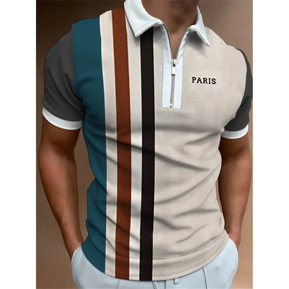 Men's Solid Striped Polo Shirt-Short Sleeve Casual Top-Zipper Collar Polo