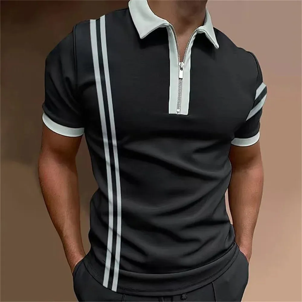 Men's Solid Striped Polo Shirt-Short Sleeve Casual Top-Zipper Collar Polo