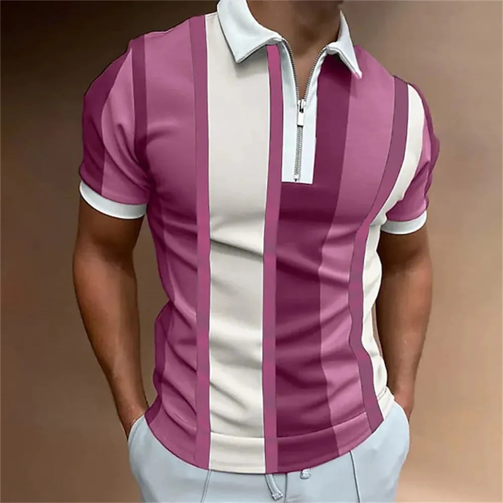 Men's Solid Striped Polo Shirt-Short Sleeve Casual Top-Zipper Collar Polo
