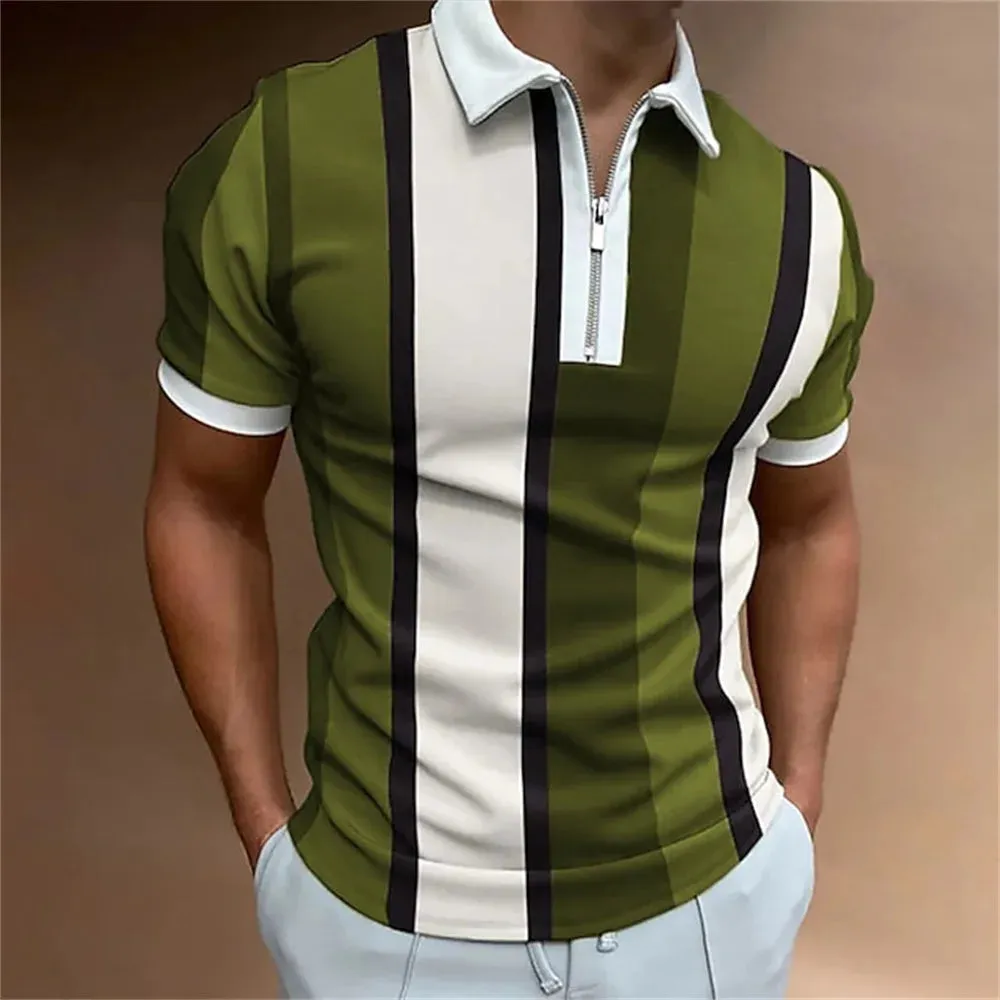 Men's Solid Striped Polo Shirt-Short Sleeve Casual Top-Zipper Collar Polo