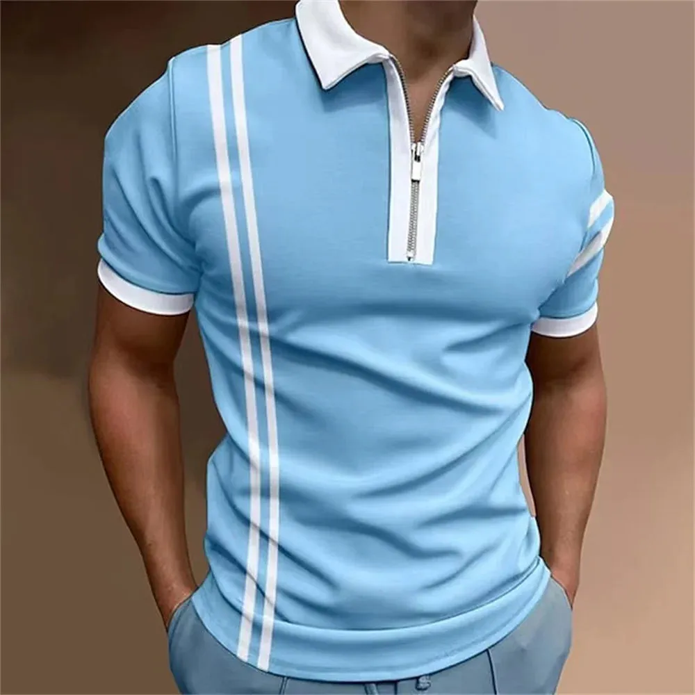 Men's Solid Striped Polo Shirt-Short Sleeve Casual Top-Zipper Collar Polo