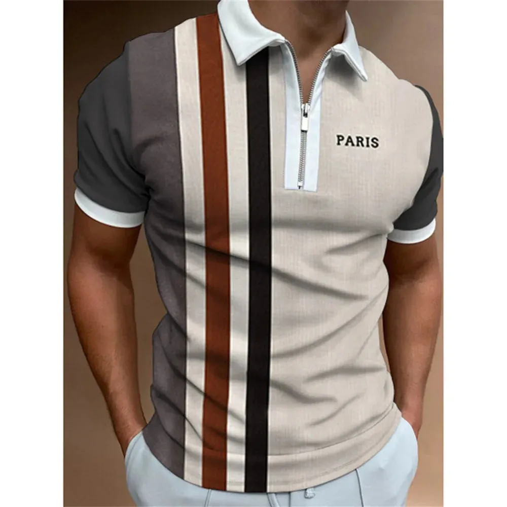 Men's Solid Striped Polo Shirt-Short Sleeve Casual Top-Zipper Collar Polo