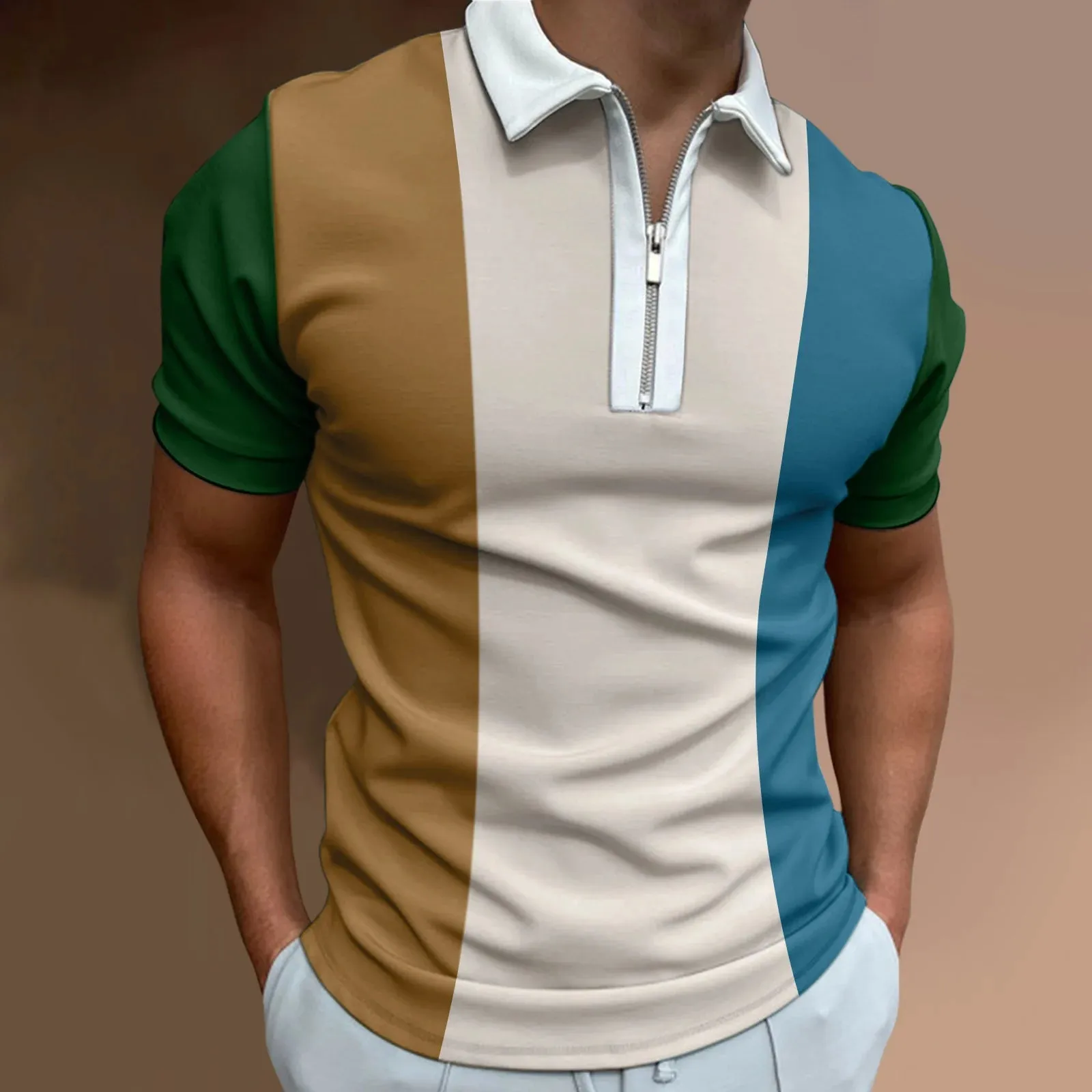 Men's Solid Striped Polo Shirt-Short Sleeve Casual Top-Zipper Collar Polo