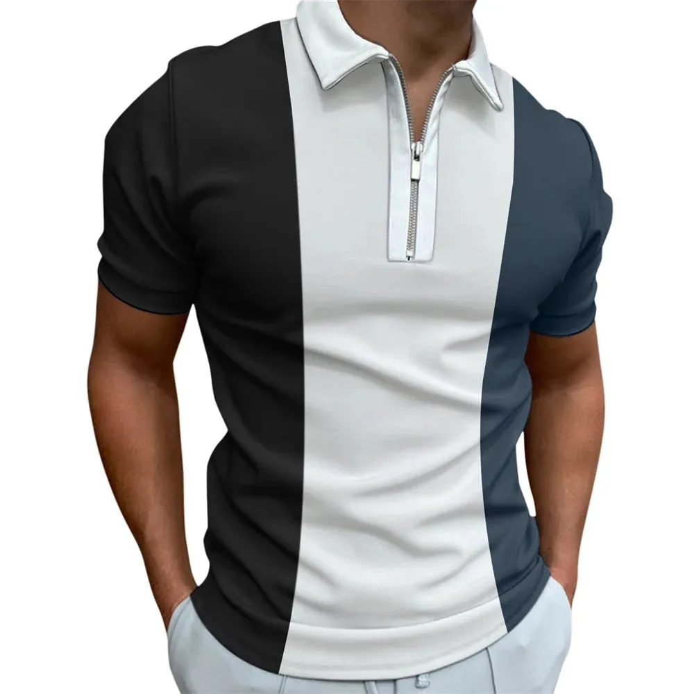 Men's Solid Striped Polo Shirt-Short Sleeve Casual Top-Zipper Collar Polo
