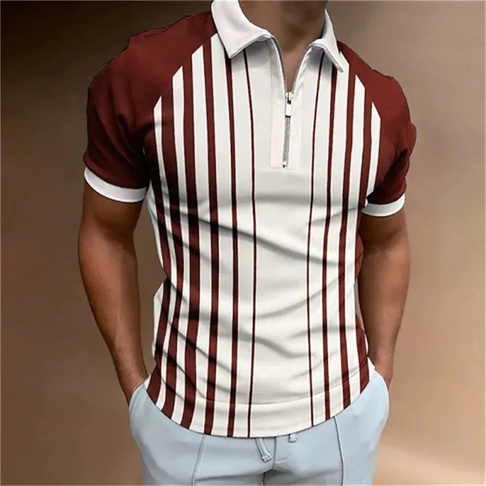 Men's Solid Striped Polo Shirt-Short Sleeve Casual Top-Zipper Collar Polo