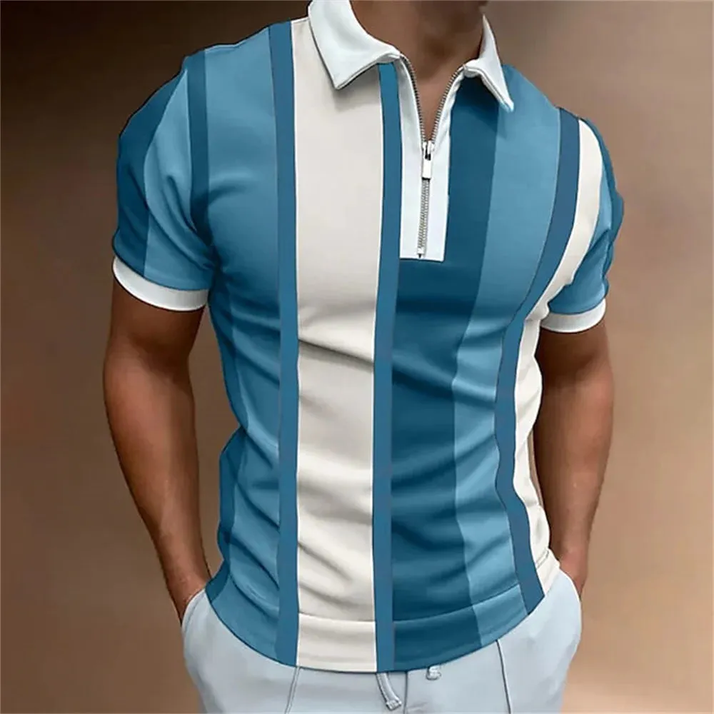 Men's Solid Striped Polo Shirt-Short Sleeve Casual Top-Zipper Collar Polo