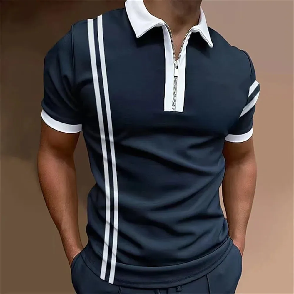 Men's Solid Striped Polo Shirt-Short Sleeve Casual Top-Zipper Collar Polo