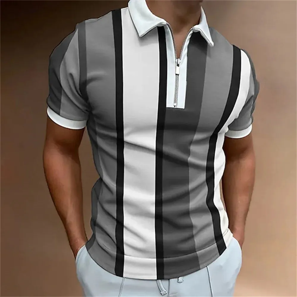 Men's Solid Striped Polo Shirt-Short Sleeve Casual Top-Zipper Collar Polo