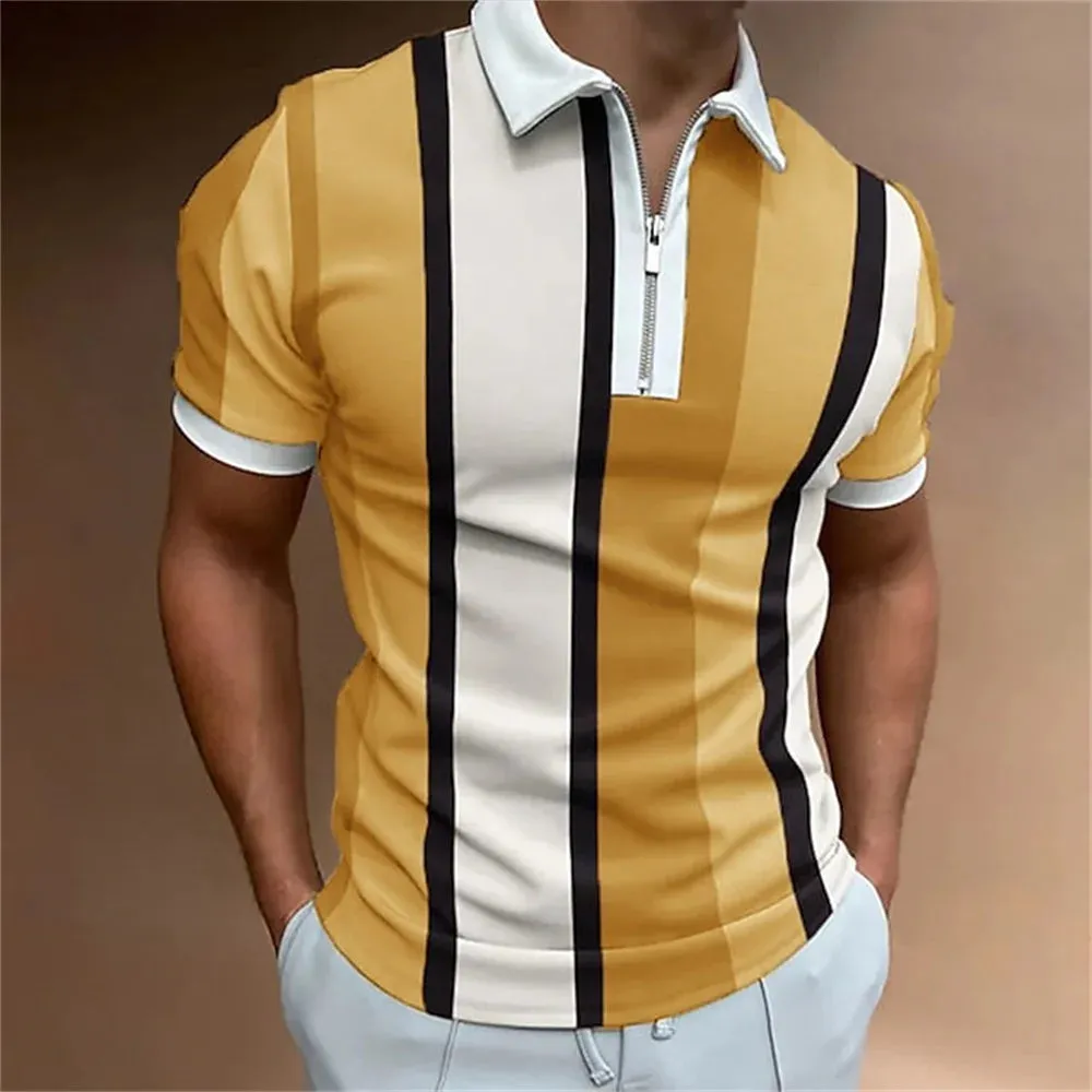 Men's Solid Striped Polo Shirt-Short Sleeve Casual Top-Zipper Collar Polo