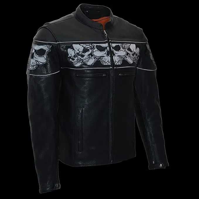 Milwaukee Leather Men’s Crossover Black Leather Scooter Jacket with Reflective Skulls - MLM1500