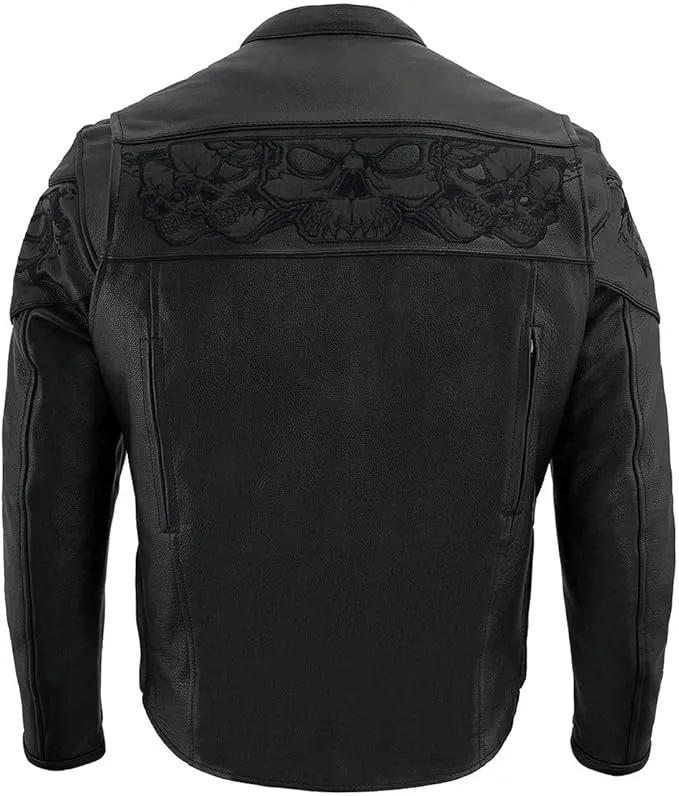 Milwaukee Leather Men’s Crossover Black Leather Scooter Jacket with Reflective Skulls - MLM1500