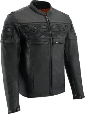 Milwaukee Leather Men’s Crossover Black Leather Scooter Jacket with Reflective Skulls - MLM1500