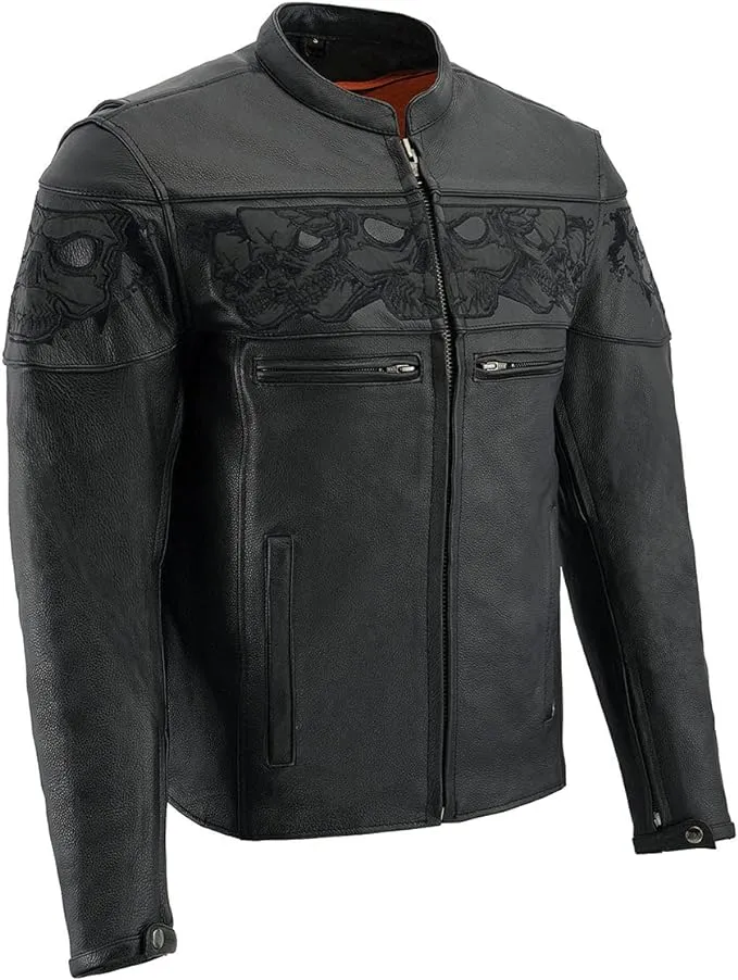Milwaukee Leather Men’s Crossover Black Leather Scooter Jacket with Reflective Skulls - MLM1500