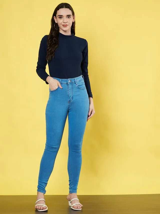 Navy Solid High Neck Regular Top