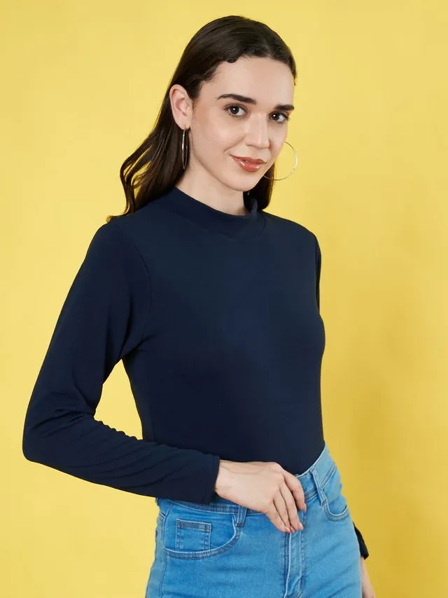 Navy Solid High Neck Regular Top