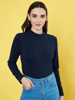 Navy Solid High Neck Regular Top
