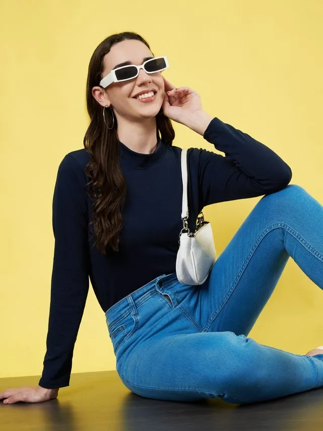 Navy Solid High Neck Regular Top