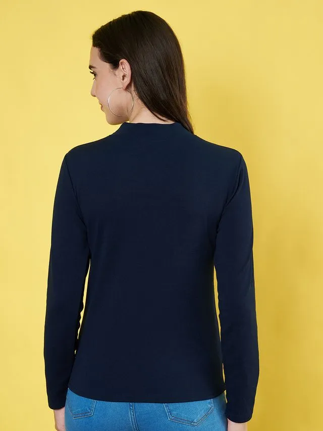 Navy Solid High Neck Regular Top