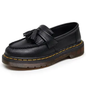 PEOPLETERRITORY Lychee pattern fringed loafers women's genuine leather low-top small leather shoes top layer British style fashion student round head casual shoes