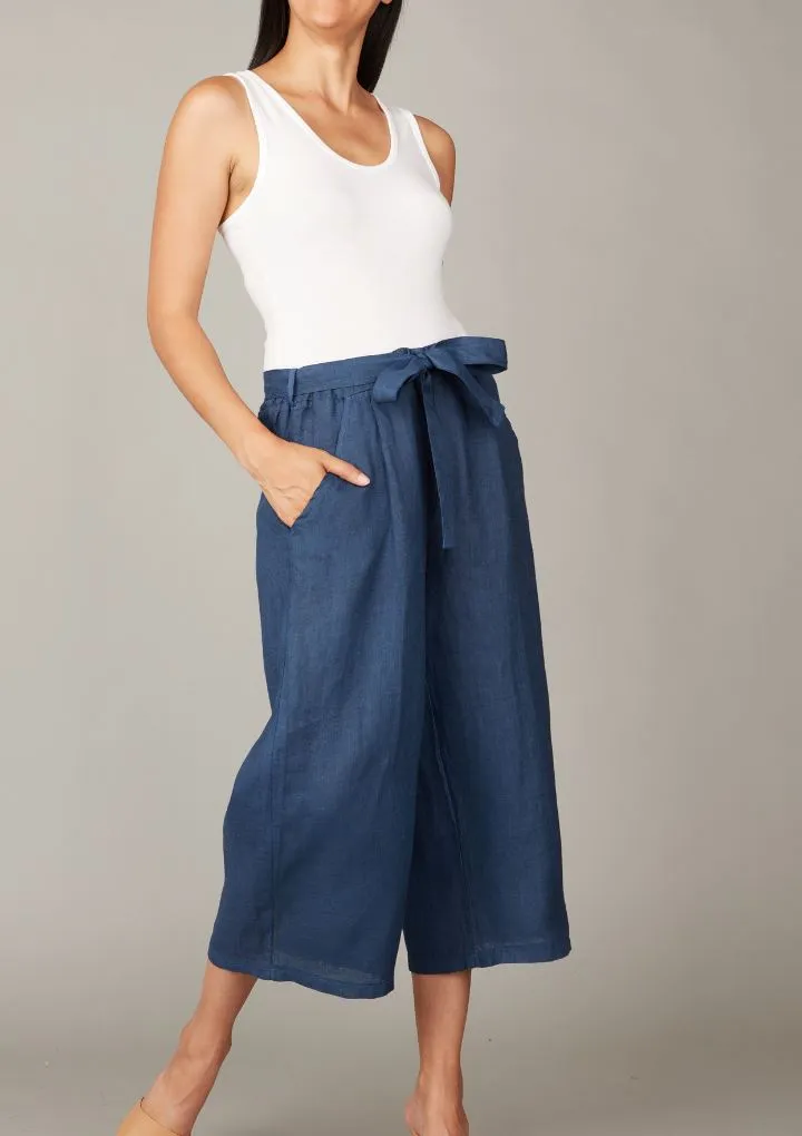 Pistache Wide Leg Linen Cropped Pant- Mediterranean Blue