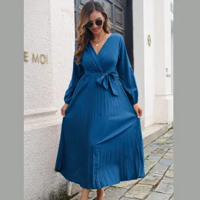 Pleated Long Sleeve Surplice Maxi Dress