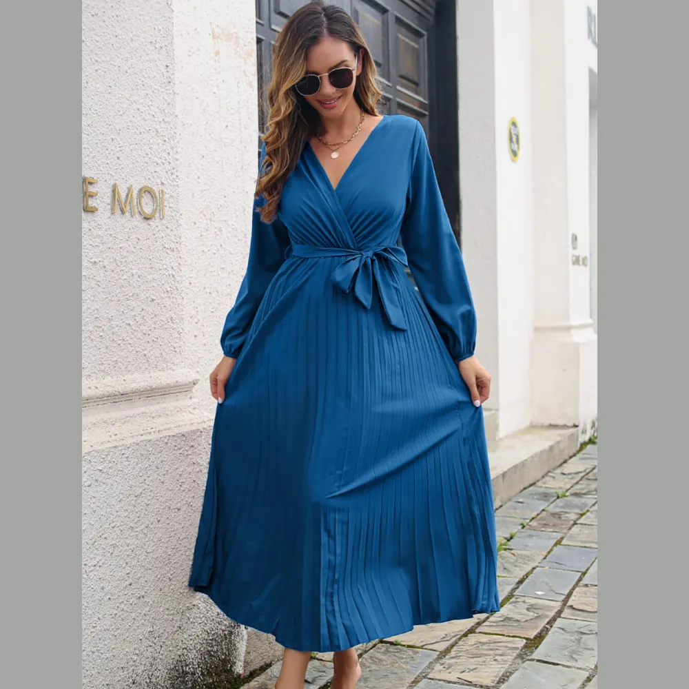 Pleated Long Sleeve Surplice Maxi Dress