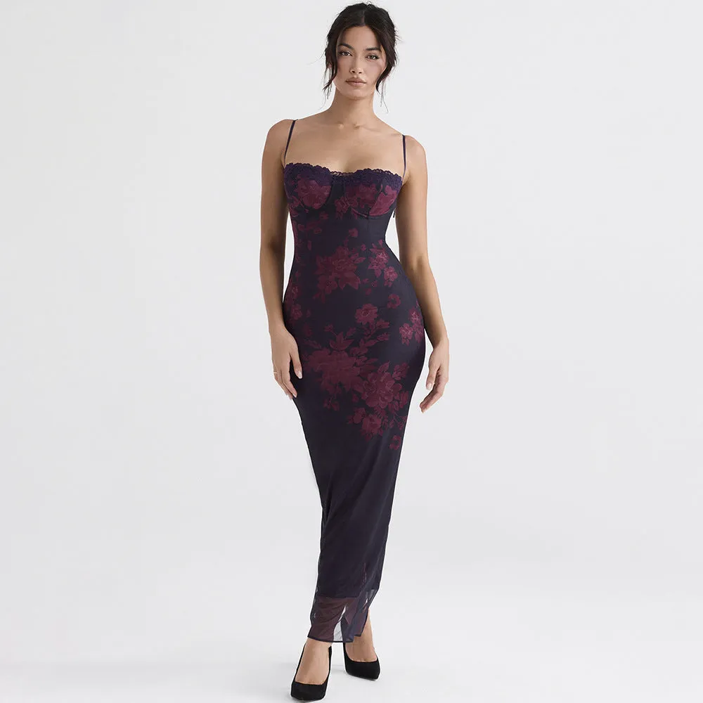 Purple Floral Print Maxi Dress