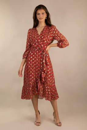 Ruby Red & Gold Print Chiffon Dress