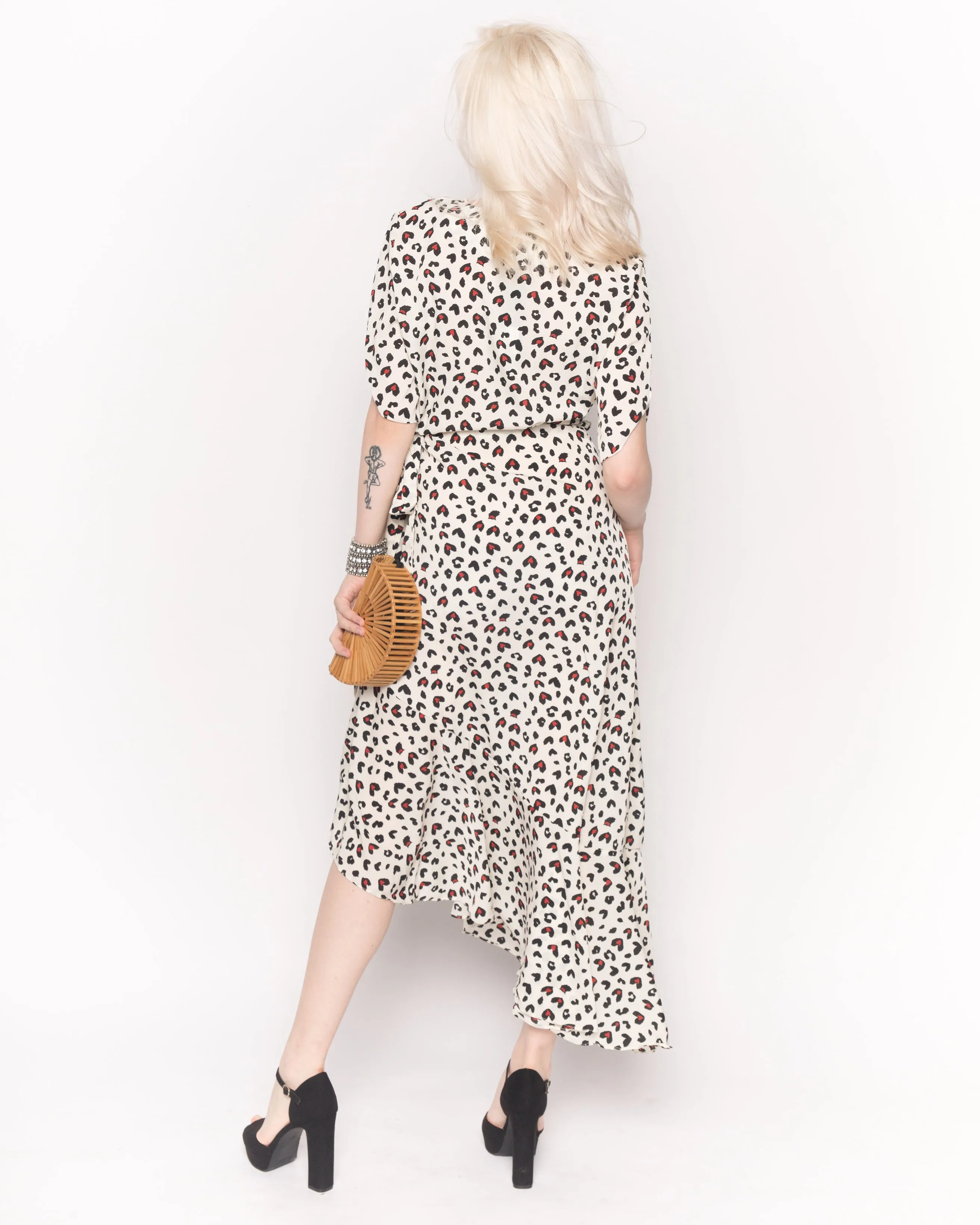 Ruffled Wrap Midi Dress in White and Black Sweetheart Print