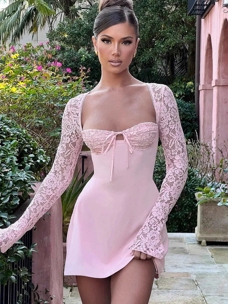 Sally Lace Sheer Long Sleeve Mini Dress
