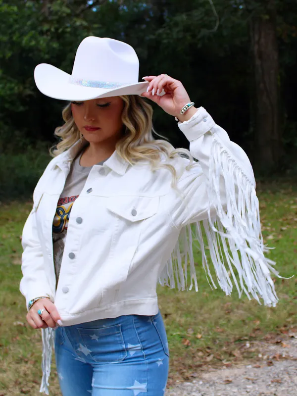 She's Gone Country Faux Leather Fringed White Twill Jacket