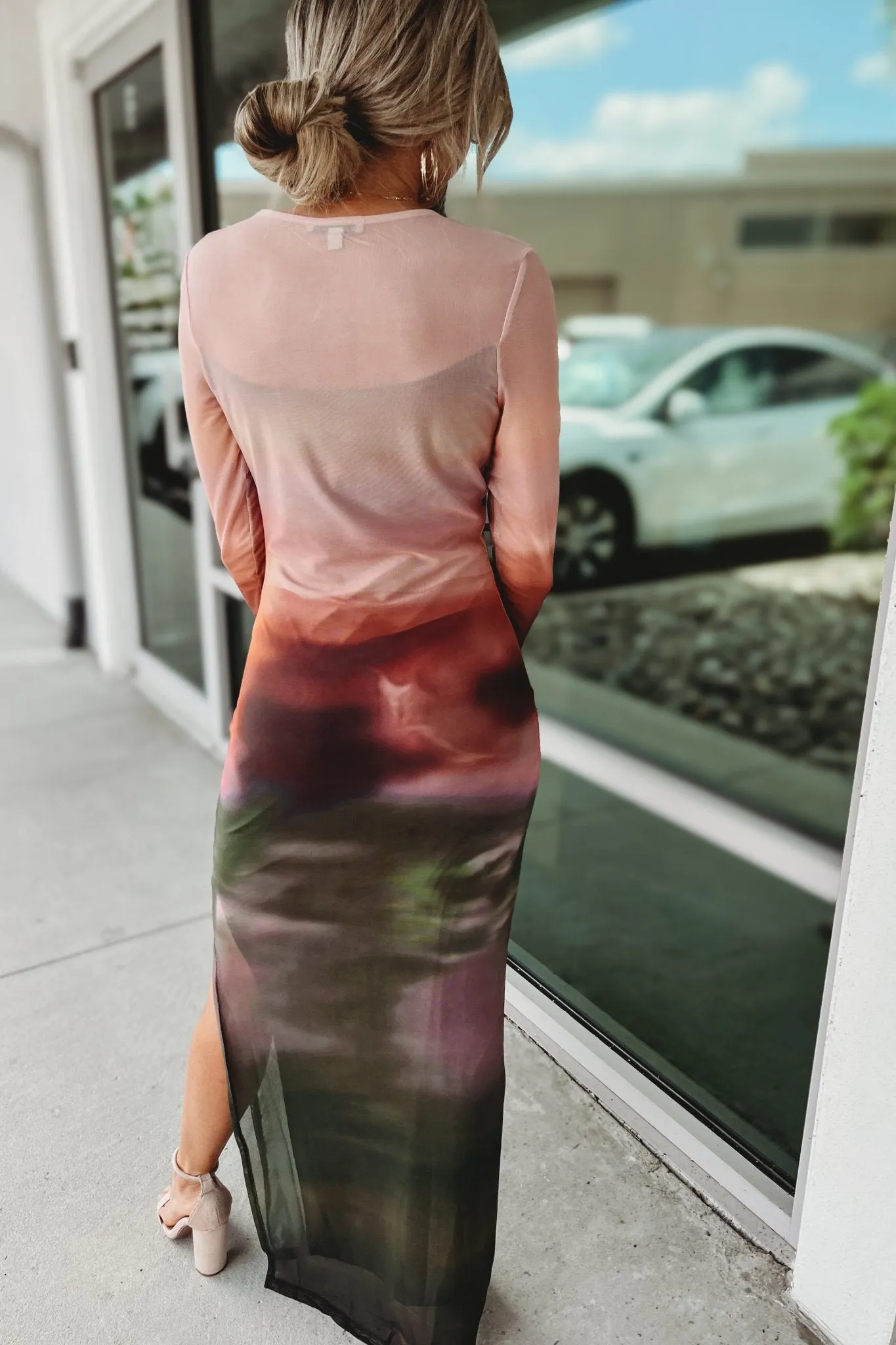 SIZE S - What a Stunner Long Sleeve Mesh Neutral Ombre Dress