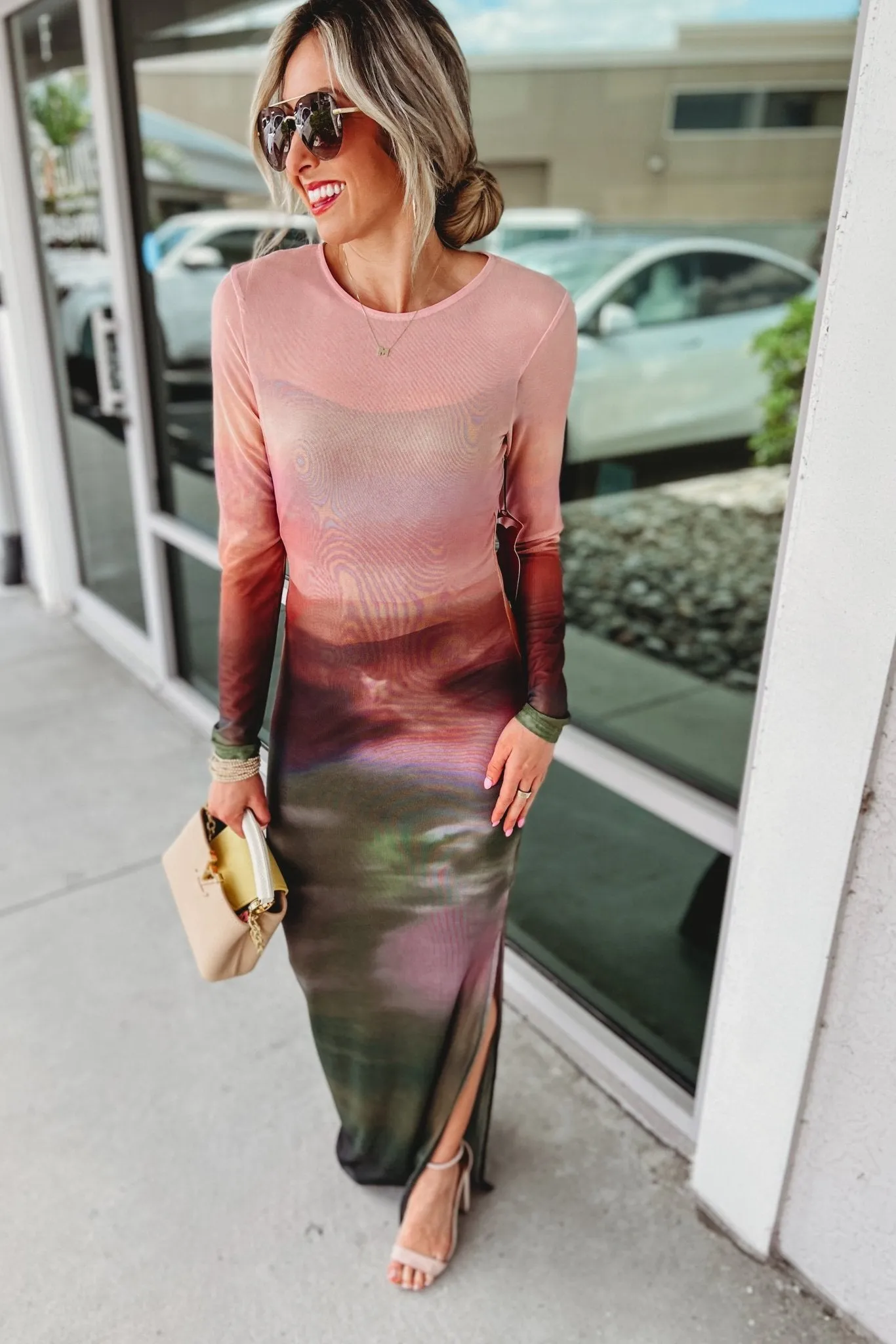 SIZE S - What a Stunner Long Sleeve Mesh Neutral Ombre Dress