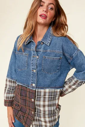 Sugarfox Washed Denim Plaid Color Block Shacket