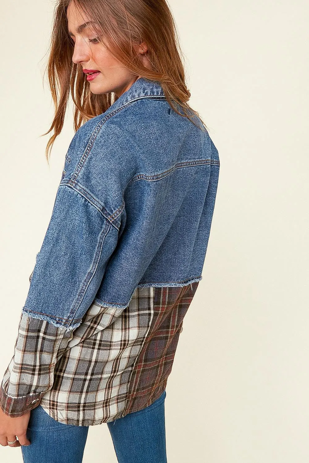 Sugarfox Washed Denim Plaid Color Block Shacket