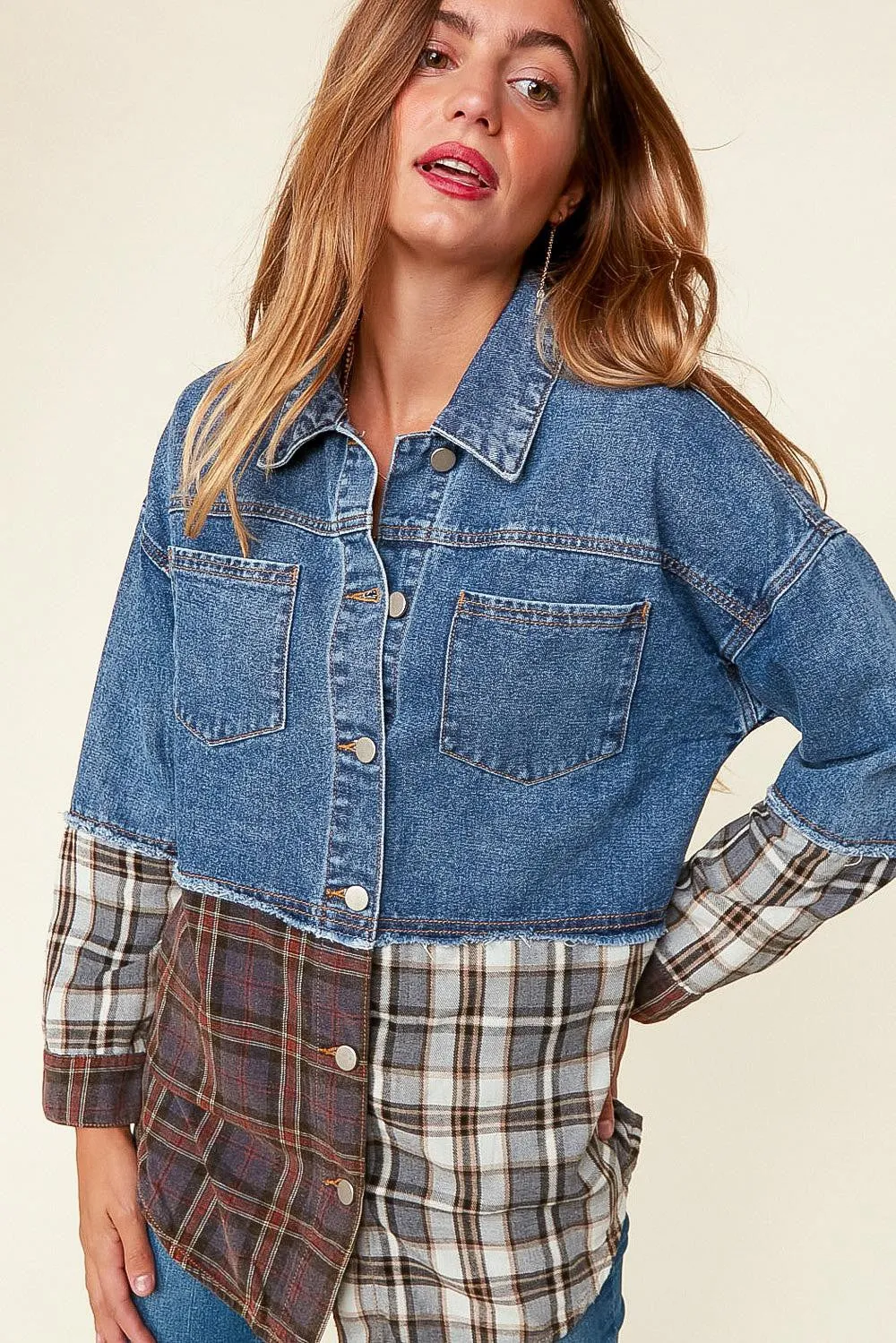 Sugarfox Washed Denim Plaid Color Block Shacket