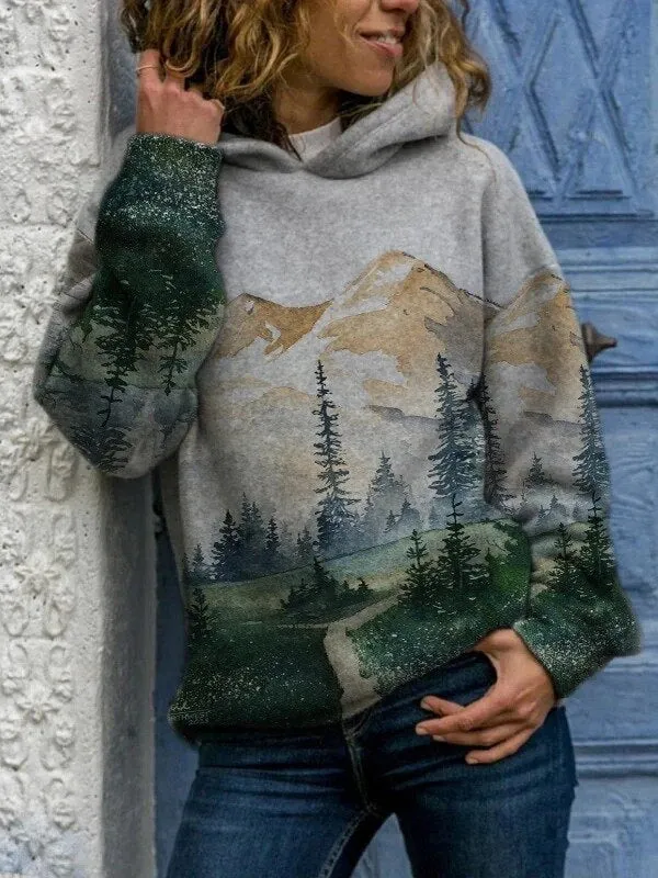 Sweatshirt met capuchon en bergprint