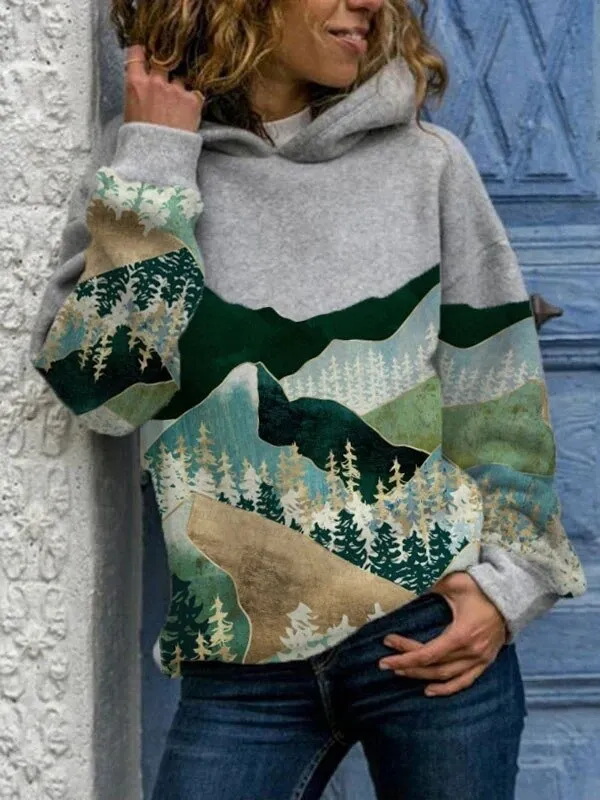 Sweatshirt met capuchon en bergprint