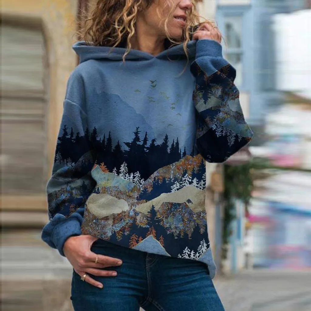 Sweatshirt met capuchon en bergprint