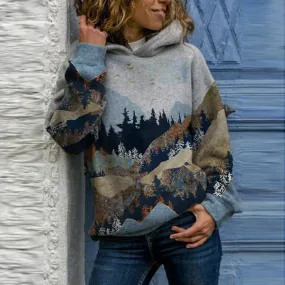 Sweatshirt met capuchon en bergprint