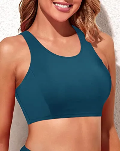 Swim Crop Top Women's Sports Bra Swimsuit Top High Neck Bikini Top