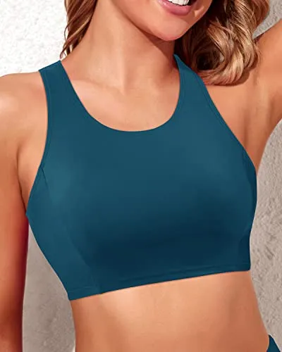 Swim Crop Top Women's Sports Bra Swimsuit Top High Neck Bikini Top