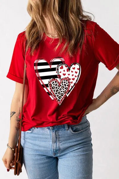 Three Hearts Round Neck Short Sleeve T-Shirt