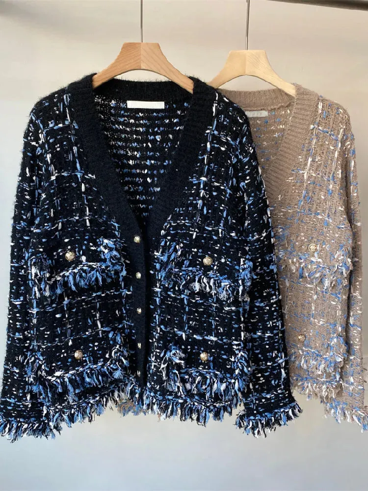 Tweed Plaid Fringe Cardigan Jacket - 2 Colors