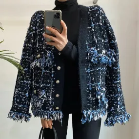 Tweed Plaid Fringe Cardigan Jacket - 2 Colors