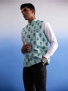 VASTRAMAY Men's Mint Green Ethnic Motif Printed Nehru jacket